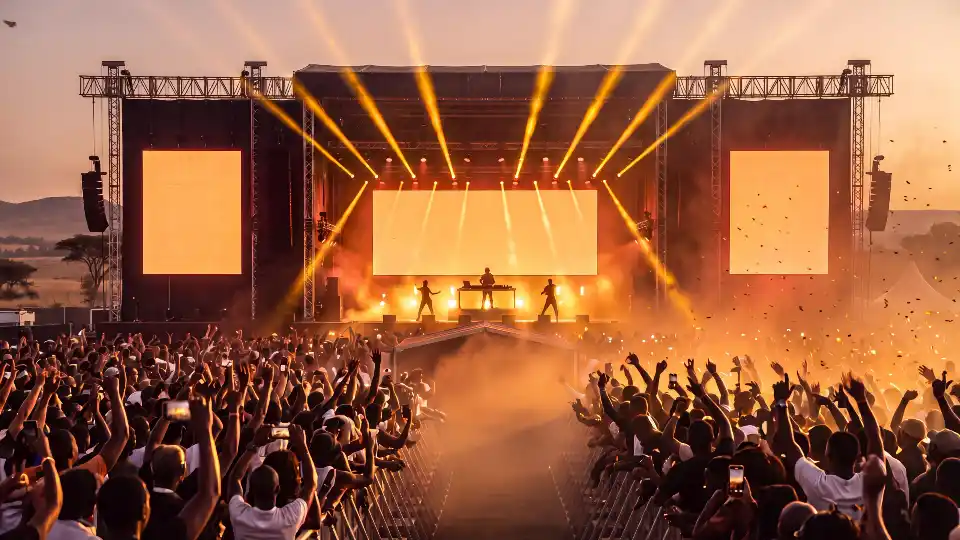 A festival crowd at dusk, hands up, in front of a stage lit marigold.